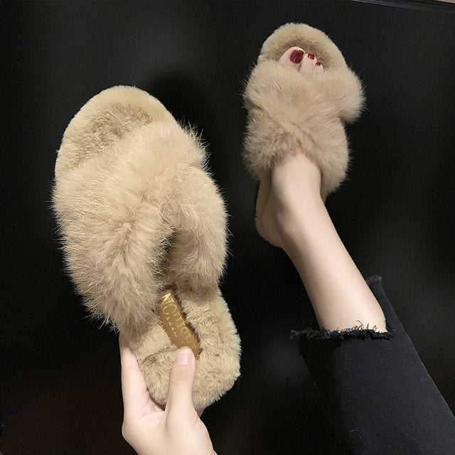 Fuzzy Fur Crisscross Slipper Shoes