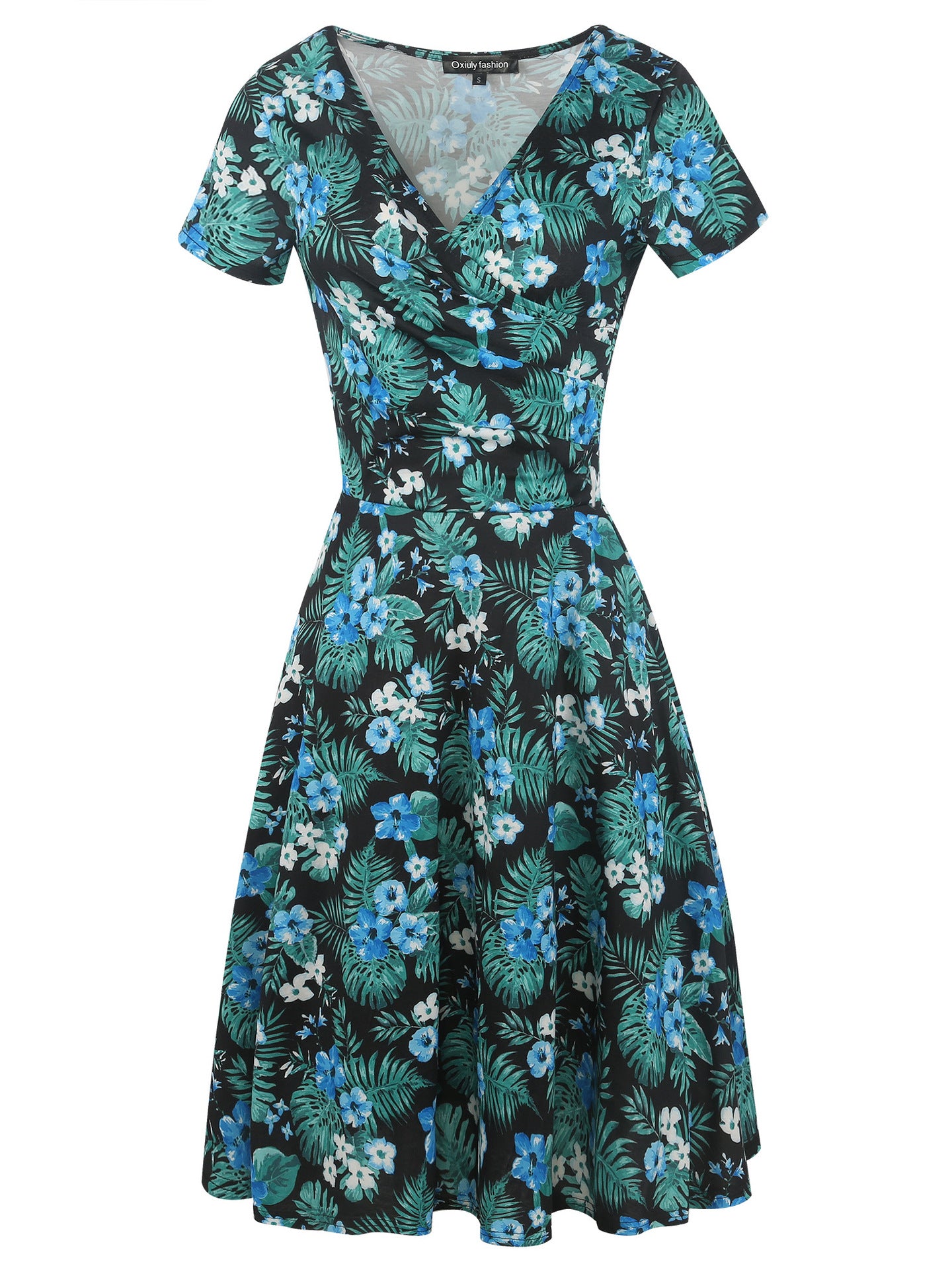 Floral Short-Sleeve Surplice A-Line Dress