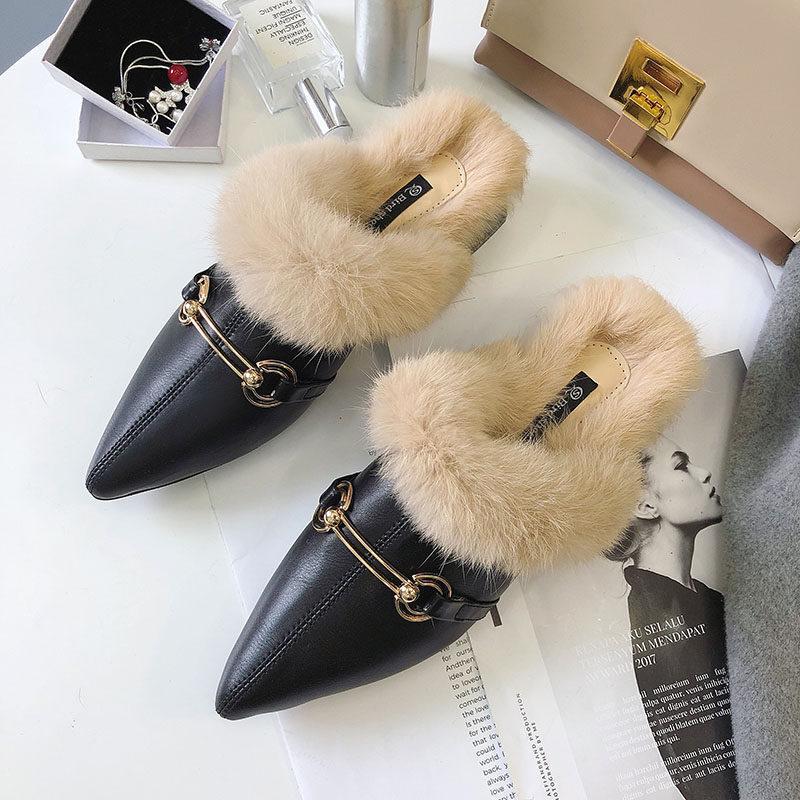 Faux Fur Lined Buckle Flats