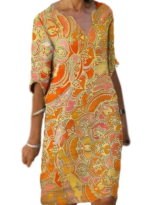 Casual Colorful paisley Inspired Three Quarter Length Sleeve Dress with V-Neck - THEONE APPAREL