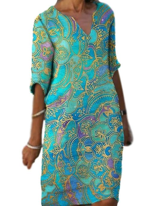 Casual Colorful paisley Inspired Three Quarter Length Sleeve Dress with V-Neck - THEONE APPAREL