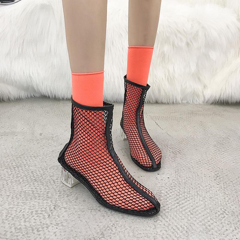 Clear Heel Fishnet Statement Booties - Theone Apparel