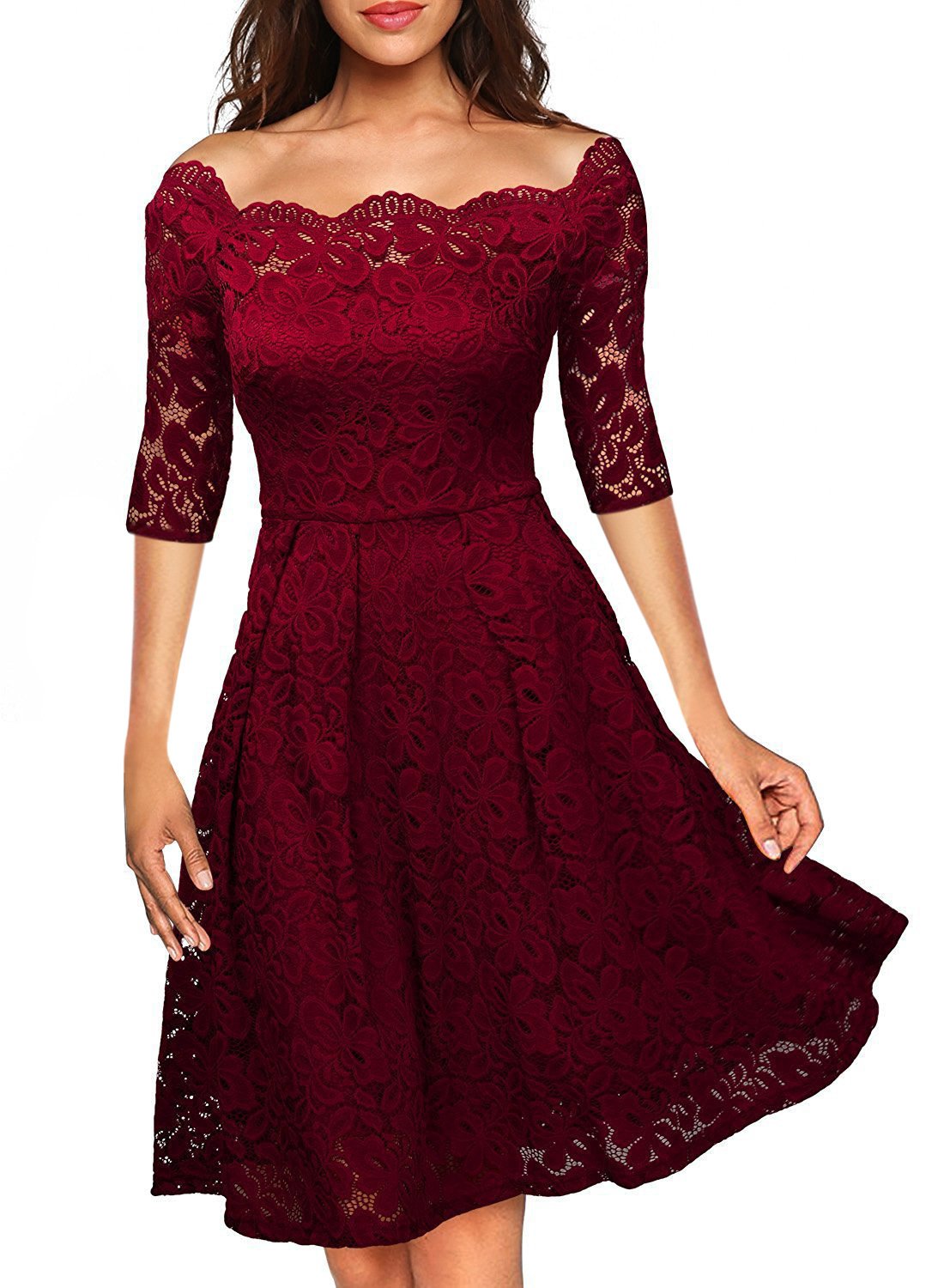 Floral Lace Overlay Off-Shoulder Dress