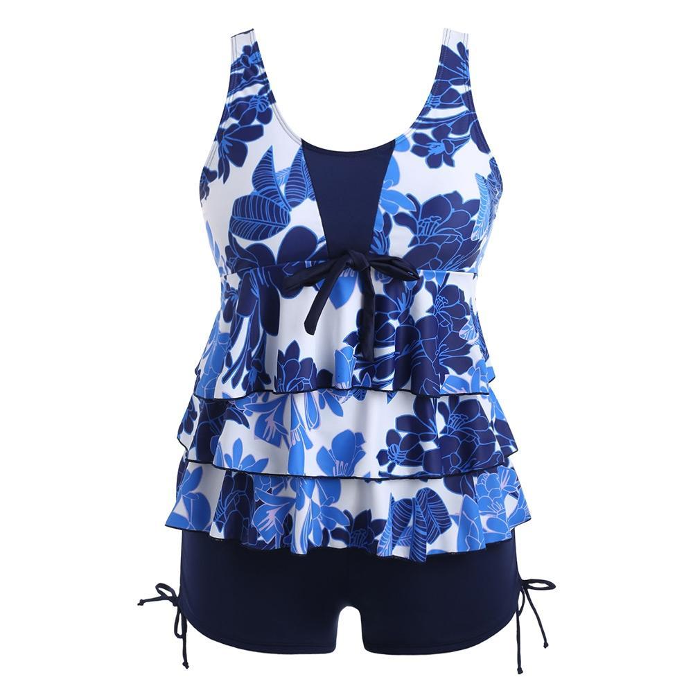 Floral Plus Size Tankini Set-Blue-Theone Apparel