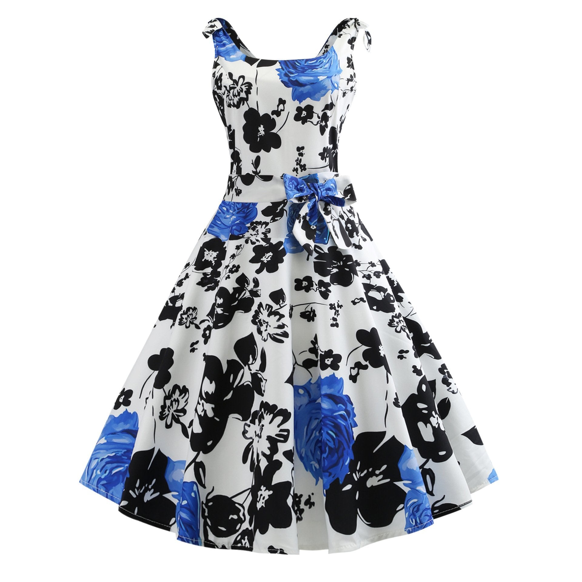 Flower Print Waist Tie Dress-White/Blue-Theone Apparel
