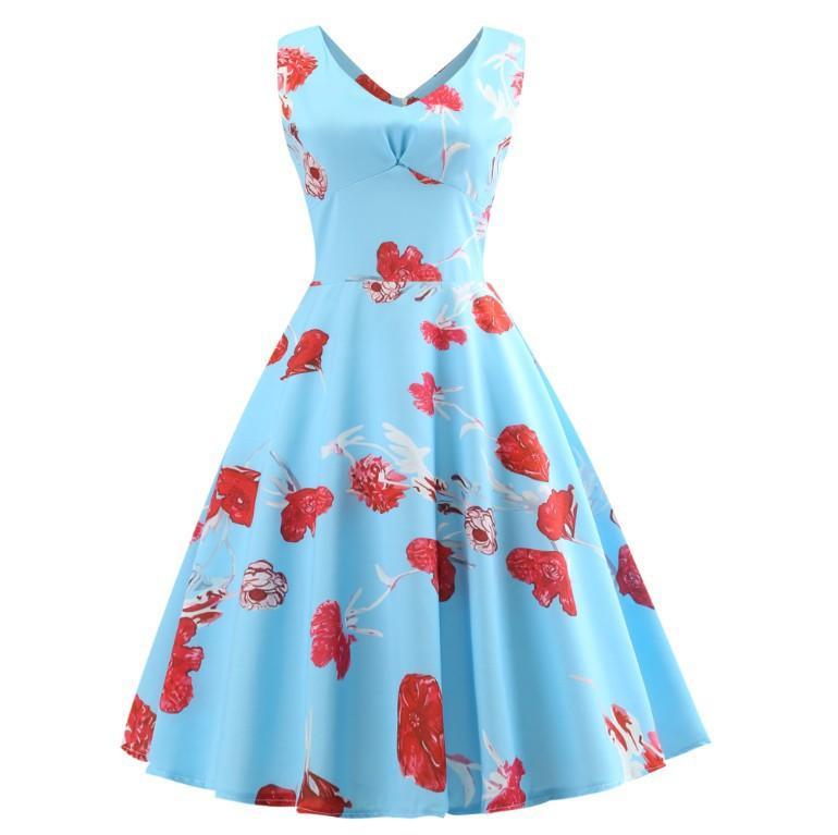 Fruit Print Pleat Front A Line Dress-Aqua-Theone Apparel