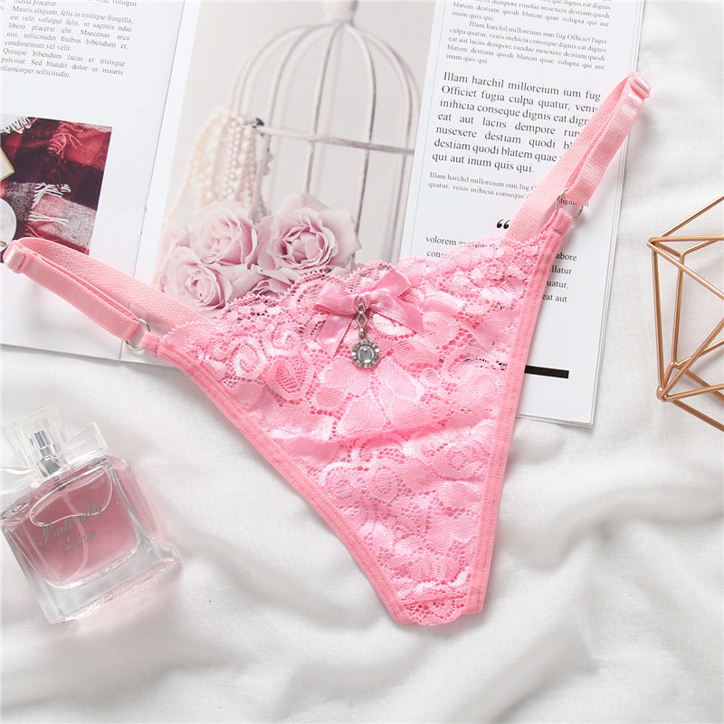 High Waist Lace Thong with Jeweled Center-Pink-Theone Apparel