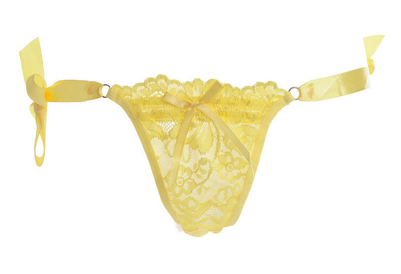 Hip Tie Ribbon Lacy Thong Underwear-Yellow-Theone Apparel