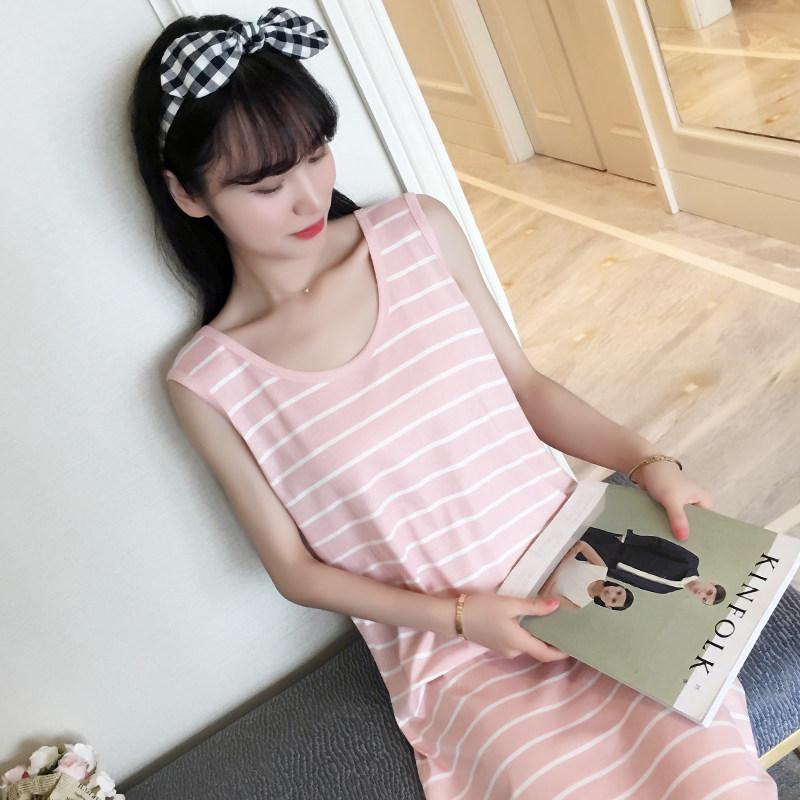 Horizontal Striped Sleeveless Casual Dress-Pink-Theone Apparel