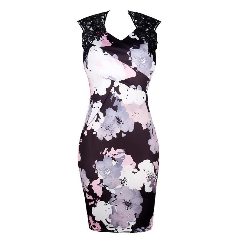 Lace Connection Floral Watercolor Dress-White/Black-Theone Apparel