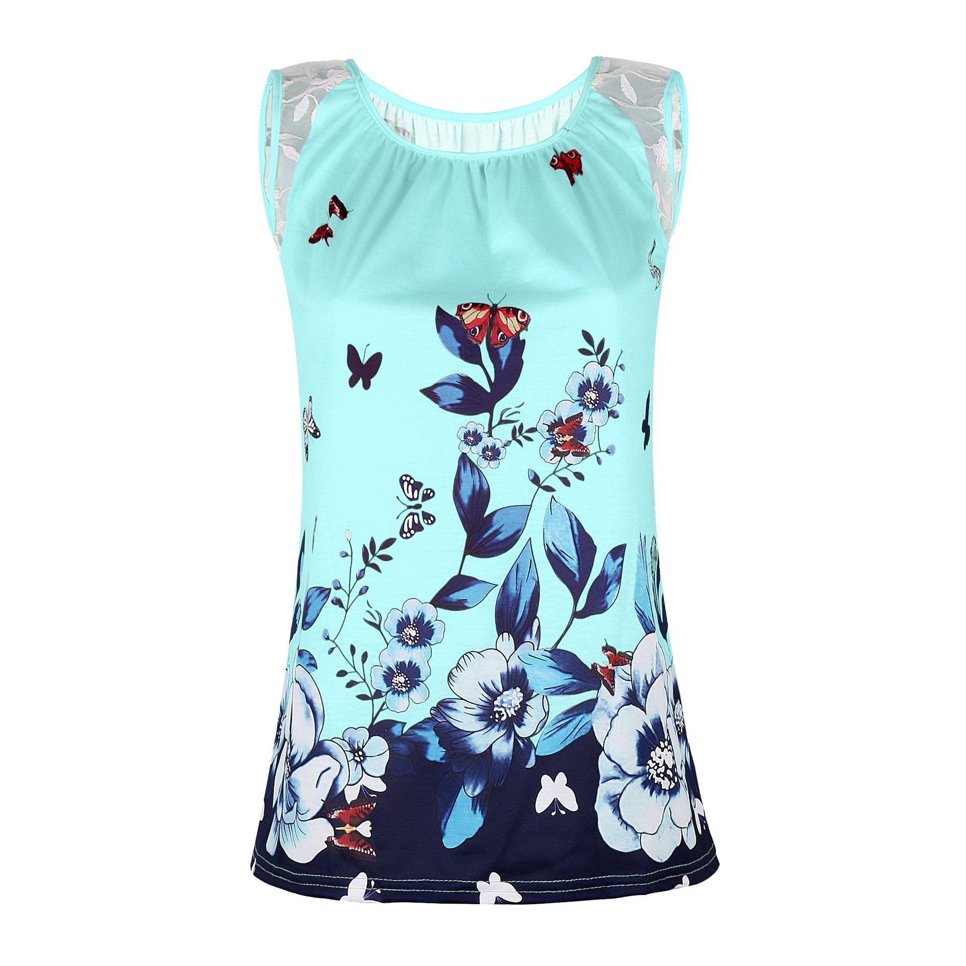 Lace Cutout Butterfly Print Top-Light Green-Theone Apparel
