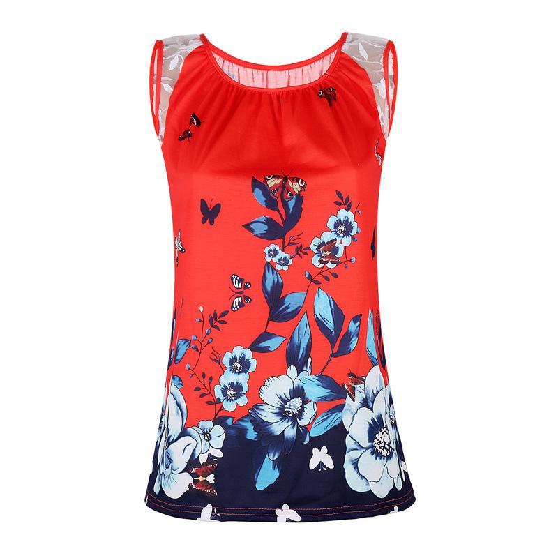 Lace Cutout Butterfly Print Top-Red-Theone Apparel