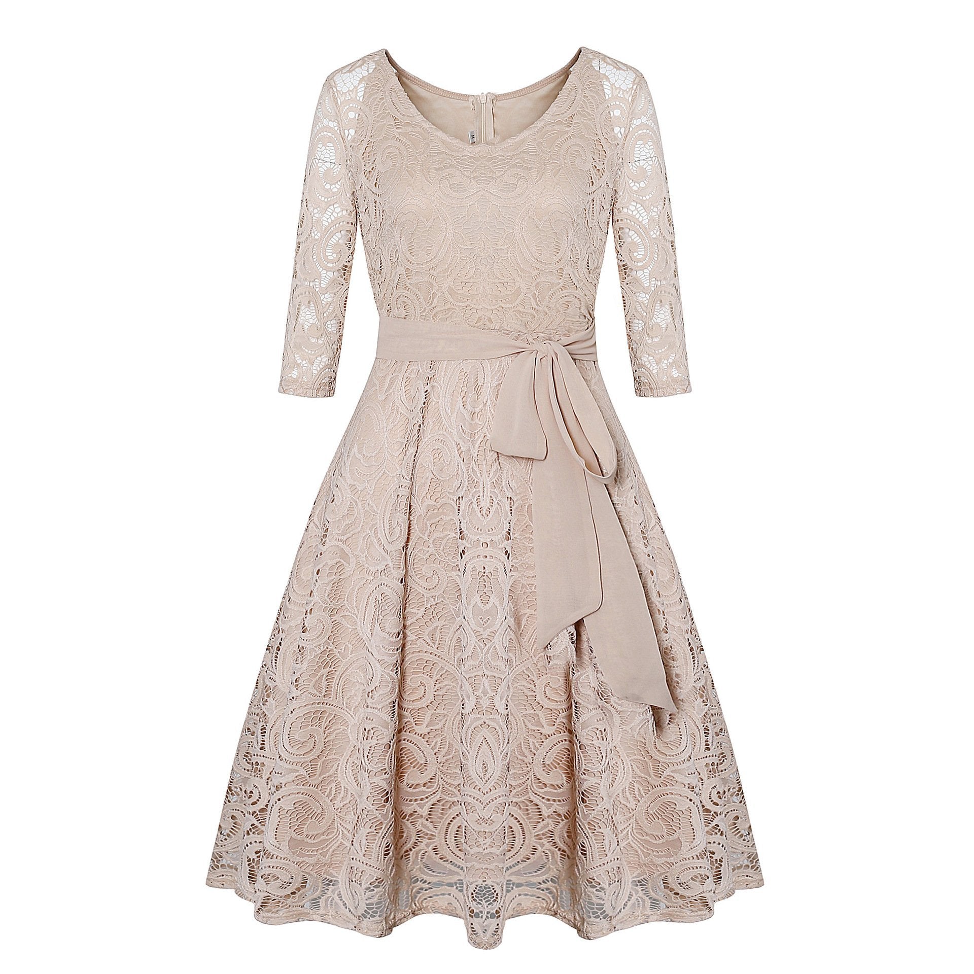 Lace Illusion Sleeve Cocktail Dress-Apricot-Theone Apparel