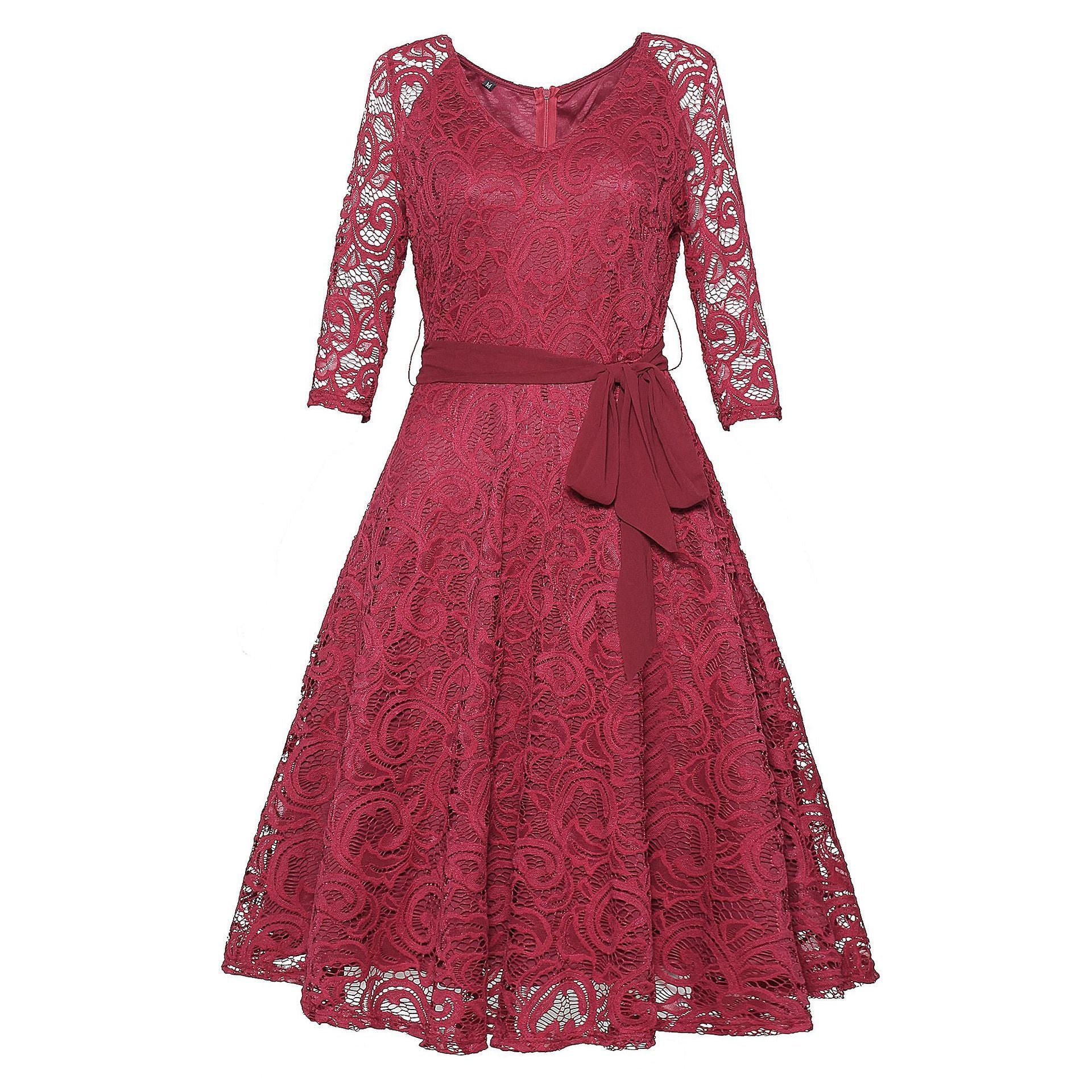Lace Illusion Sleeve Cocktail Dress-Dark Red-Theone Apparel