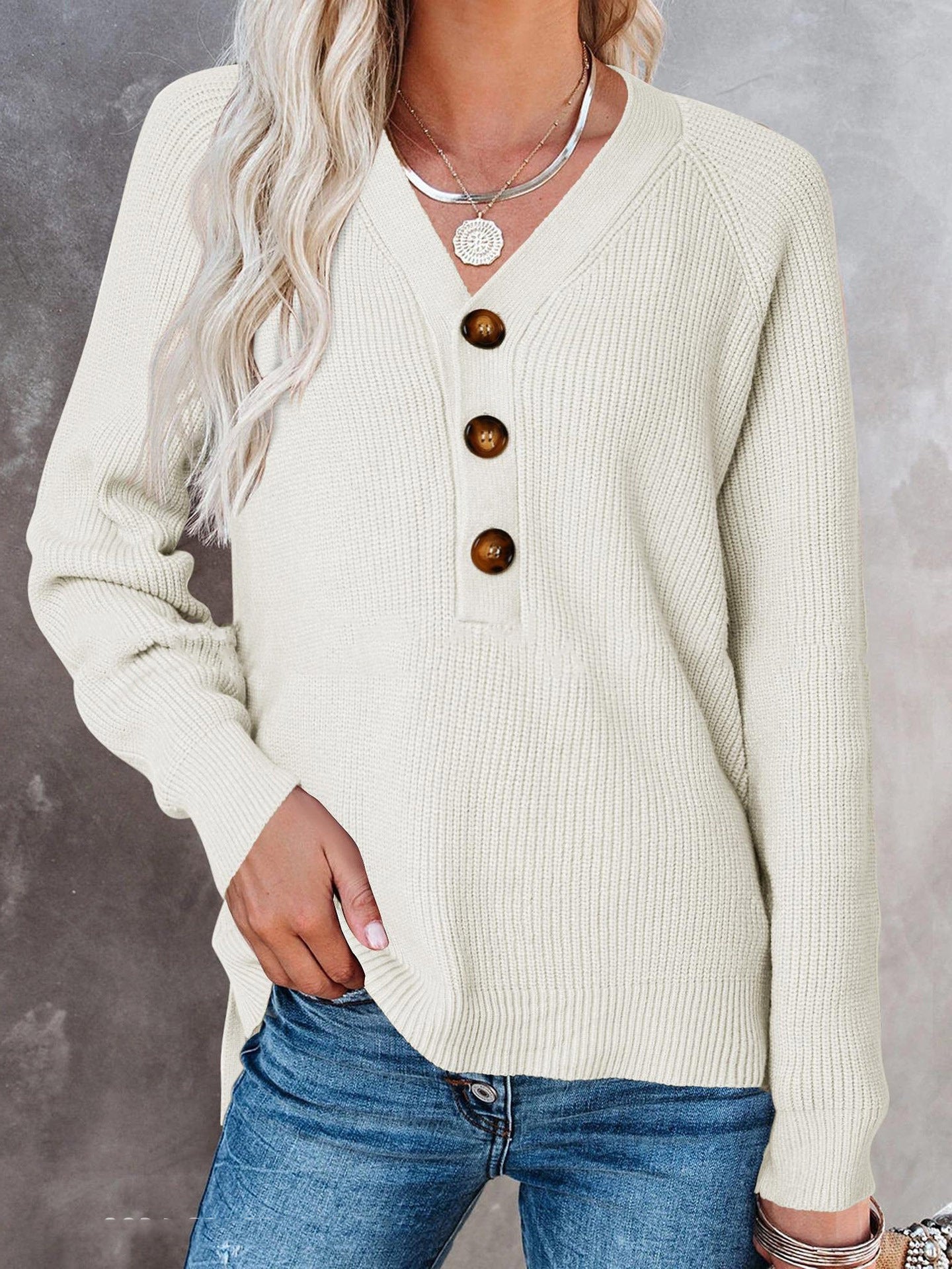 Long Sleeved V-Neck Top with Button Accents-White-Theone Apparel