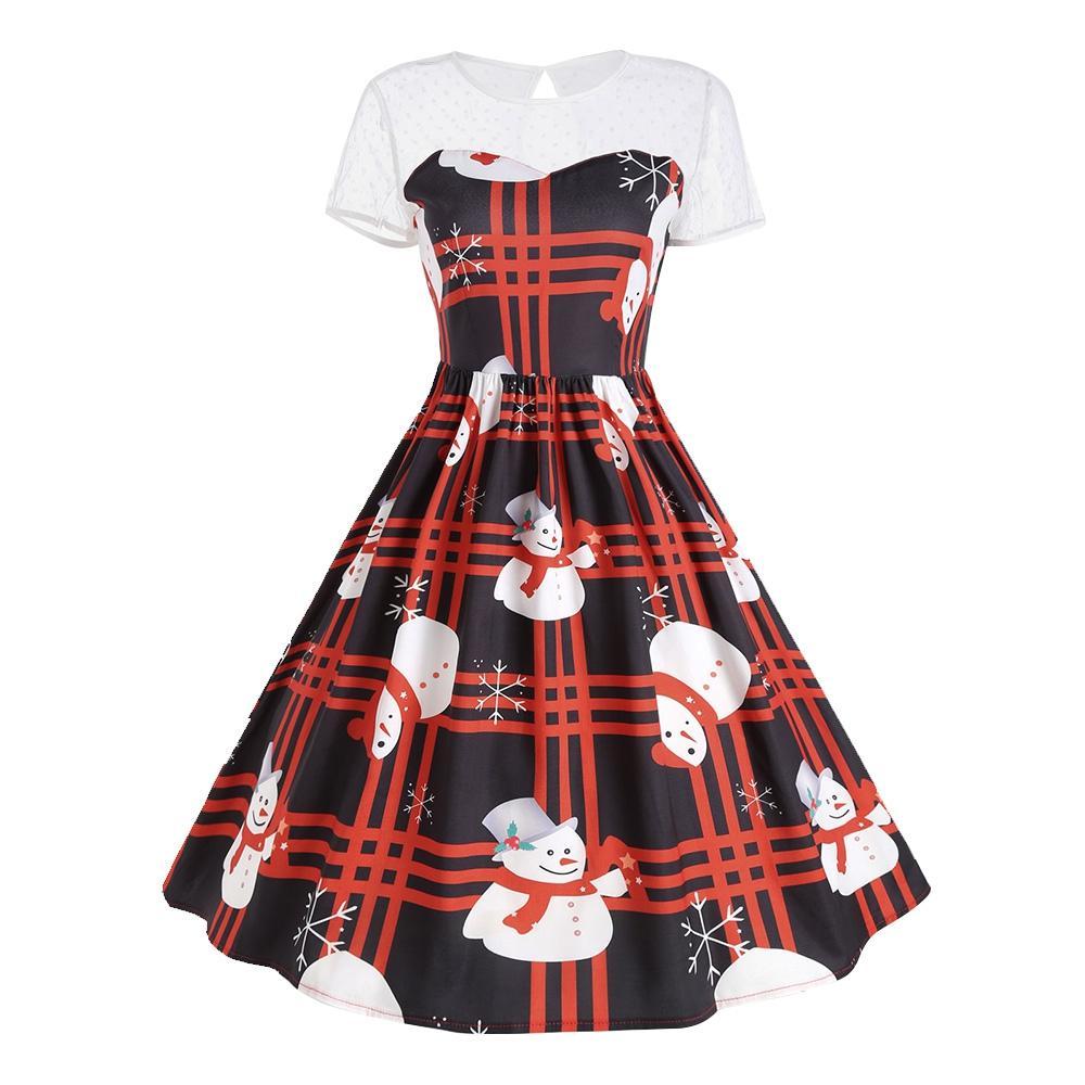 Mesh Panel Plaid Snowman Dress-Red-Theone Apparel