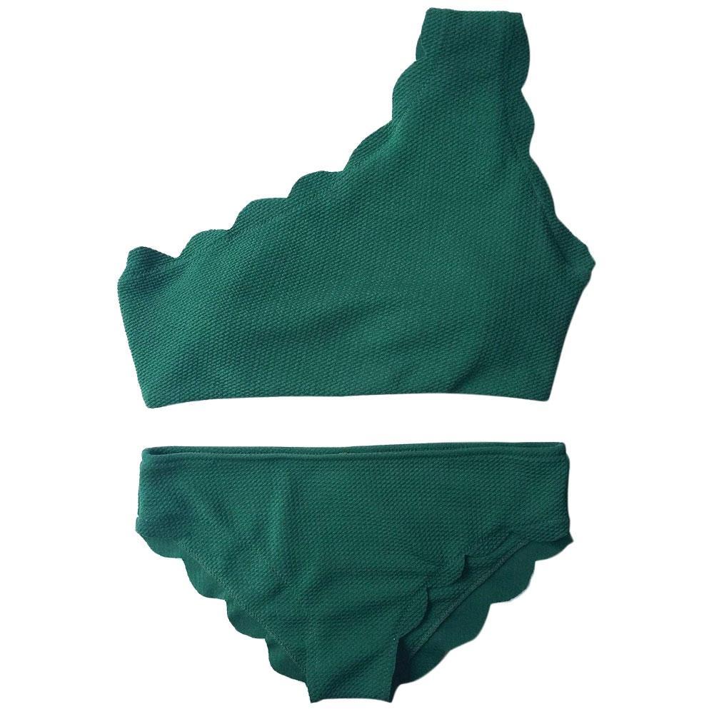 One Shoulder Ladies Scalloped Bikini Set-Dark Green-Theone Apparel