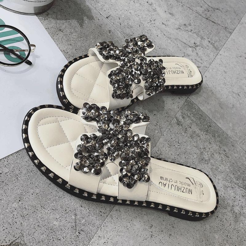 Pearl Encrusted Stud Trim Slippers-White-Theone Apparel