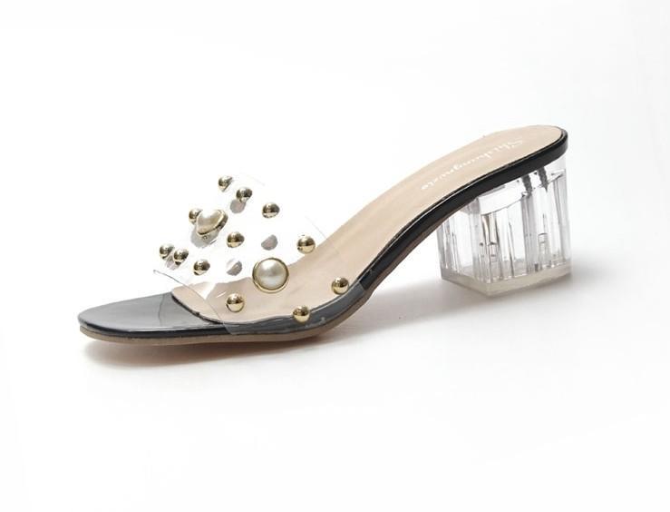 Pearl Stud Clear Heel Slippers