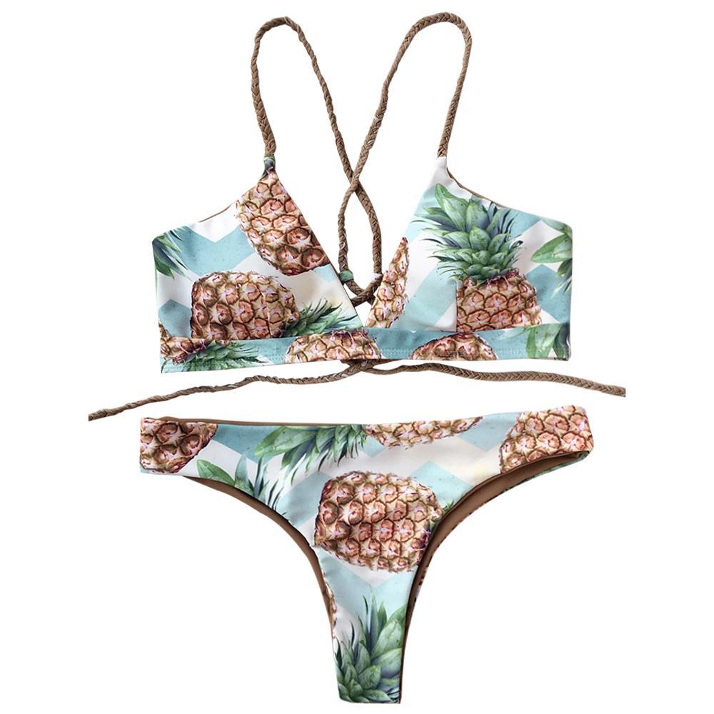 Conjunto de bikini con tiras y estampado de piña