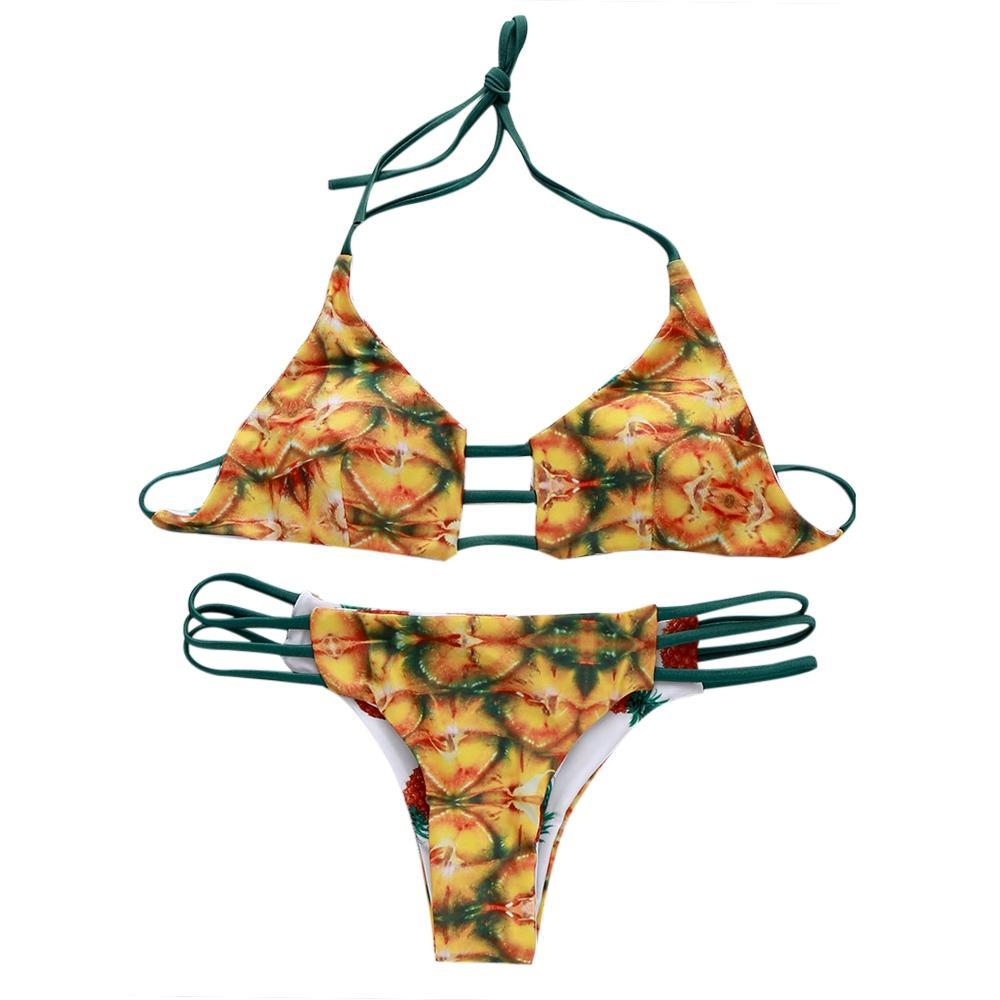 Pineapple Print Womens String Bikini-Yellow-Theone Apparel