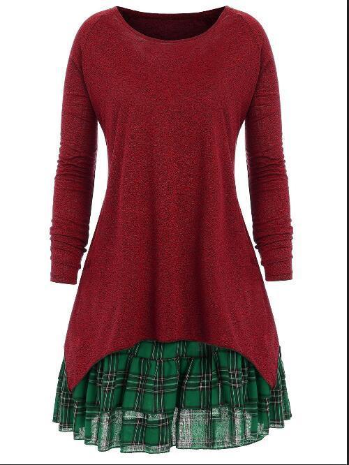 Plaid Peekaboo High Low Sweater-Dark Red-Theone Apparel