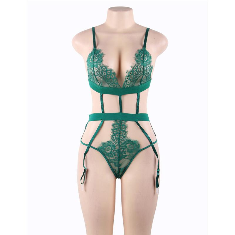 Plus Size Bra & Panty Garter Set-Green-Theone Apparel