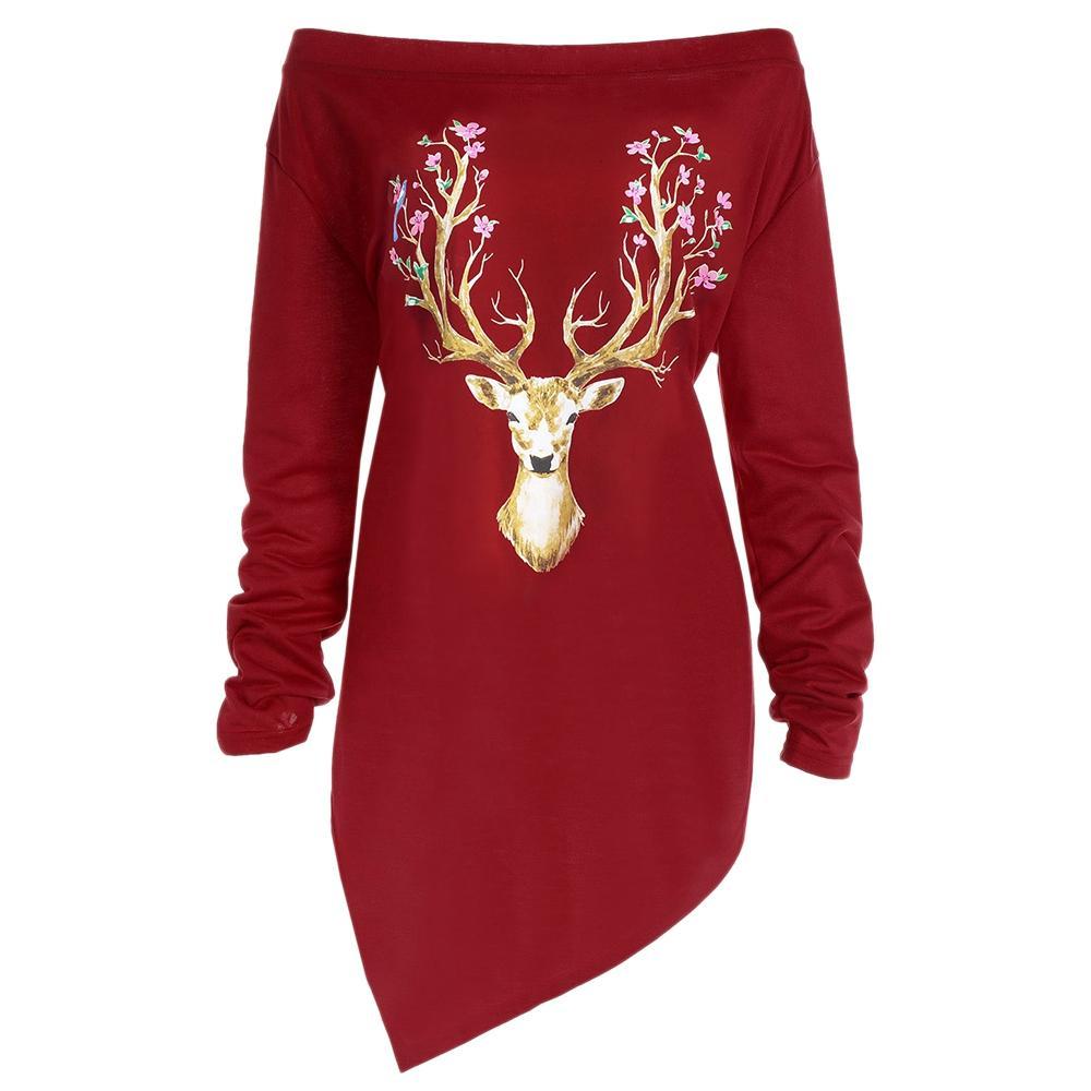 Plus Size Christmas Reindeer Asymmetrical Tee-Red-Theone Apparel