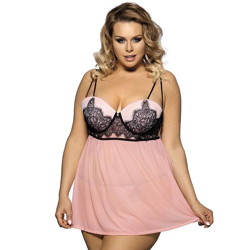 Plus Size Lacy Balconette Sheer Mini Dress-Light Pink-Theone Apparel