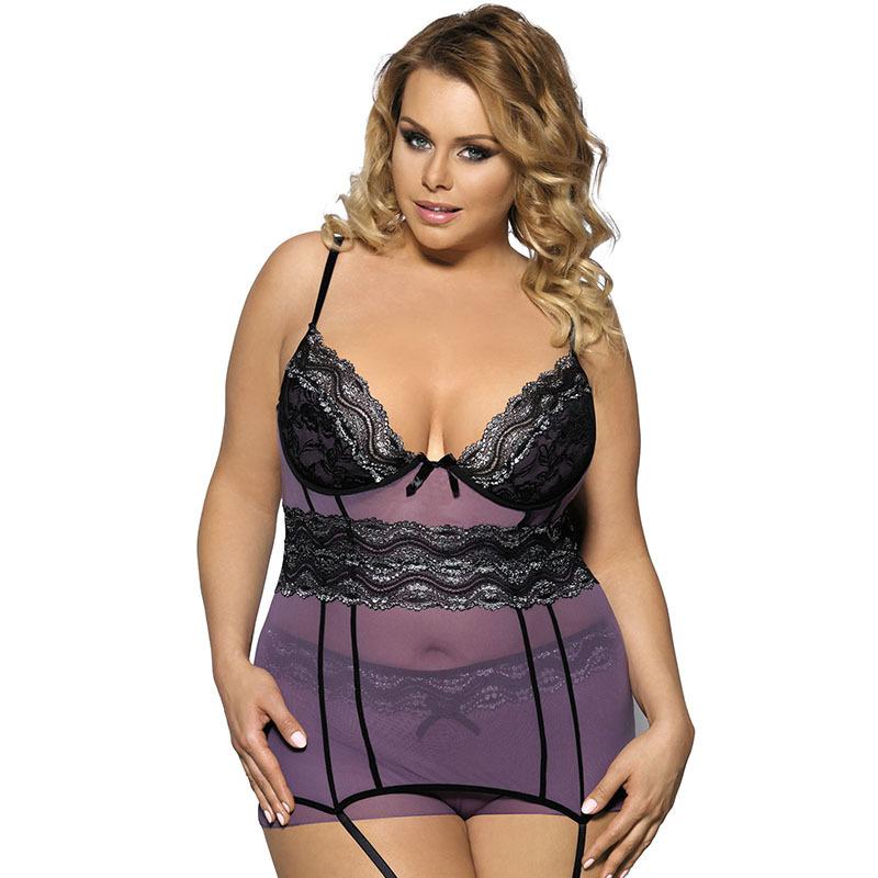 Plus Size Lacy Semi Sheer Garter Slip-Black/Purple-Theone Apparel