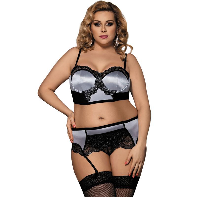 Plus Size Two-Piece Garter & Panty Set-Gray/Black-Theone Apparel