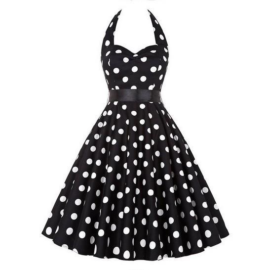 Polka Dot Retro Pleat Dress-Black-Theone Apparel