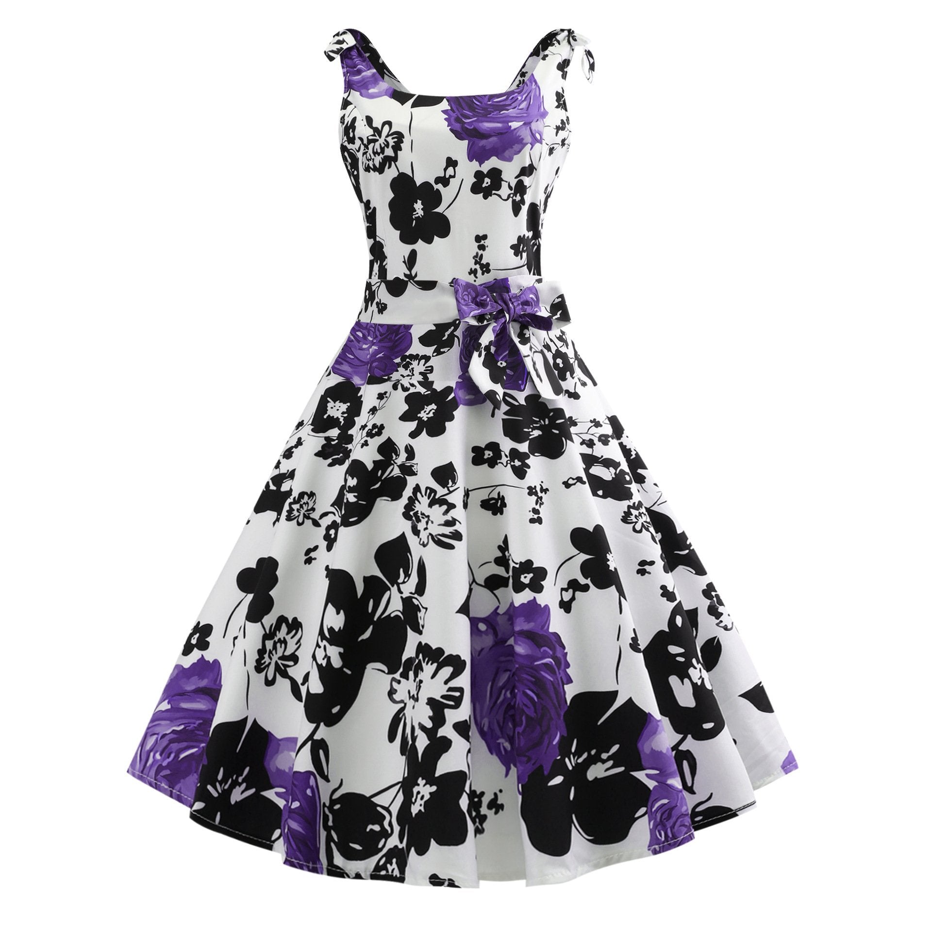 Printed Pleat Front Vintage Dress-Purple-Theone Apparel