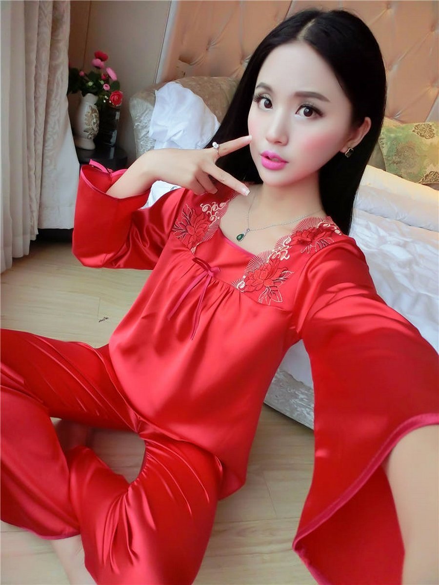 Pure Satin Cami Set Long Pants-Red-Theone Apparel