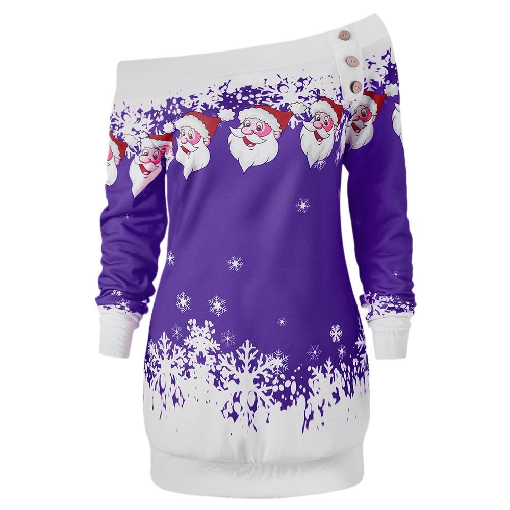 Sudadera con cuello sesgado y copos de nieve de Papá Noel