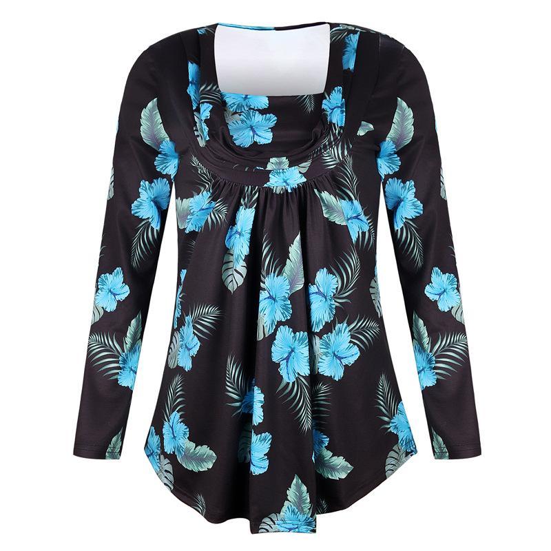 Ruched Collar Floral Print Blouse-Blue-Theone Apparel