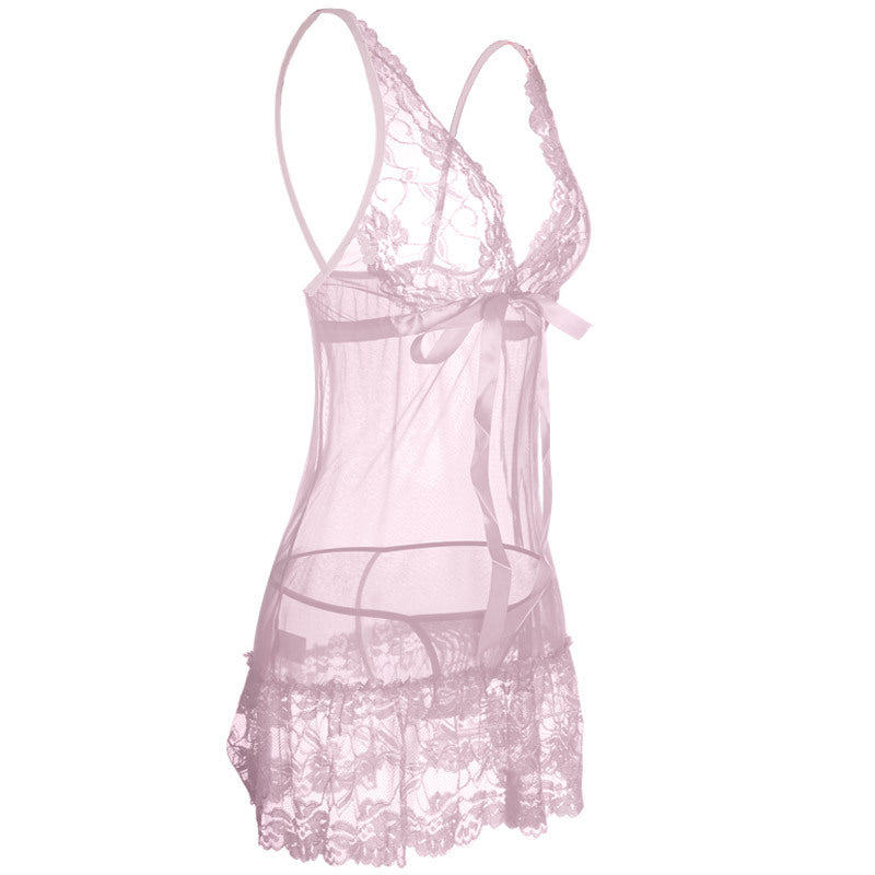 Ruffly Lace Hem Babydoll Lingerie Set-Pink-Theone Apparel