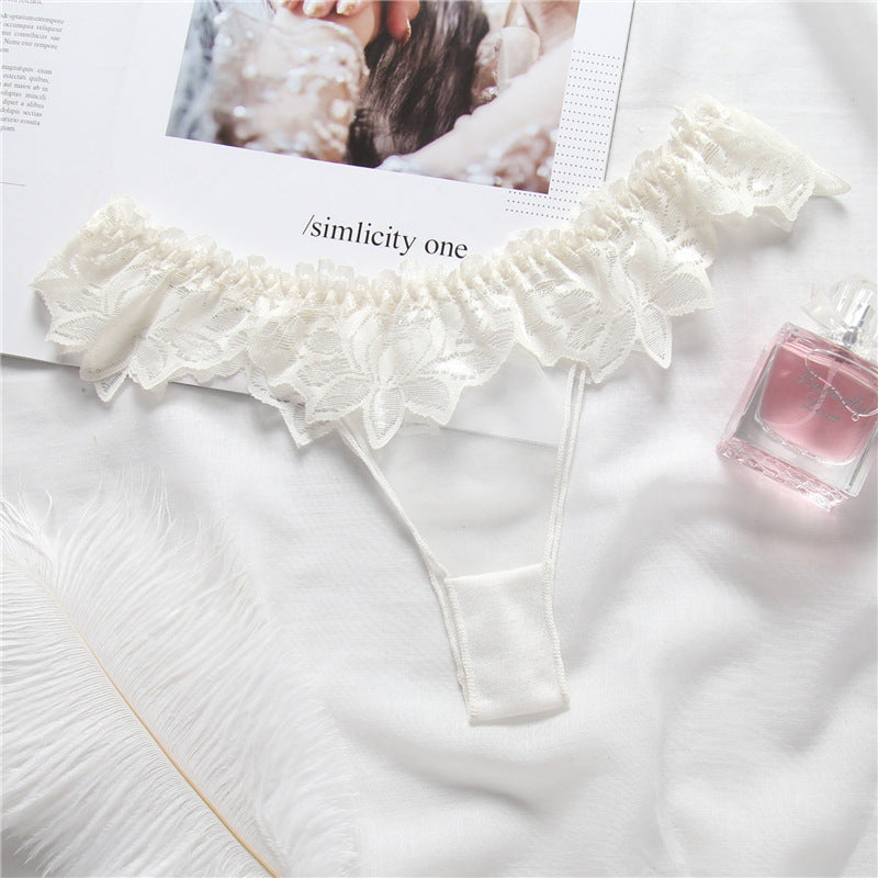 Sheer Lace Ruffle Thong Panty-White-Theone Apparel