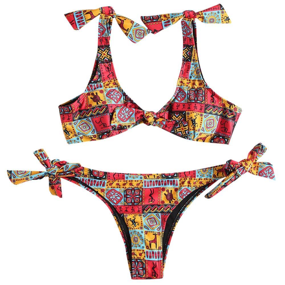 Side Tie Knot Printed Bikini-Red-Theone Apparel