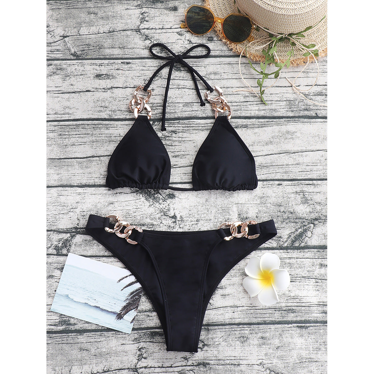 Solid Color Metallic Hardware Swimsuit Set