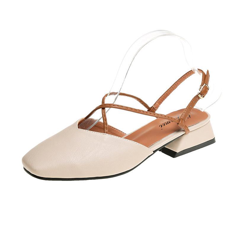 Square Heel Round Toe Sandals-Beige-Theone Apparel