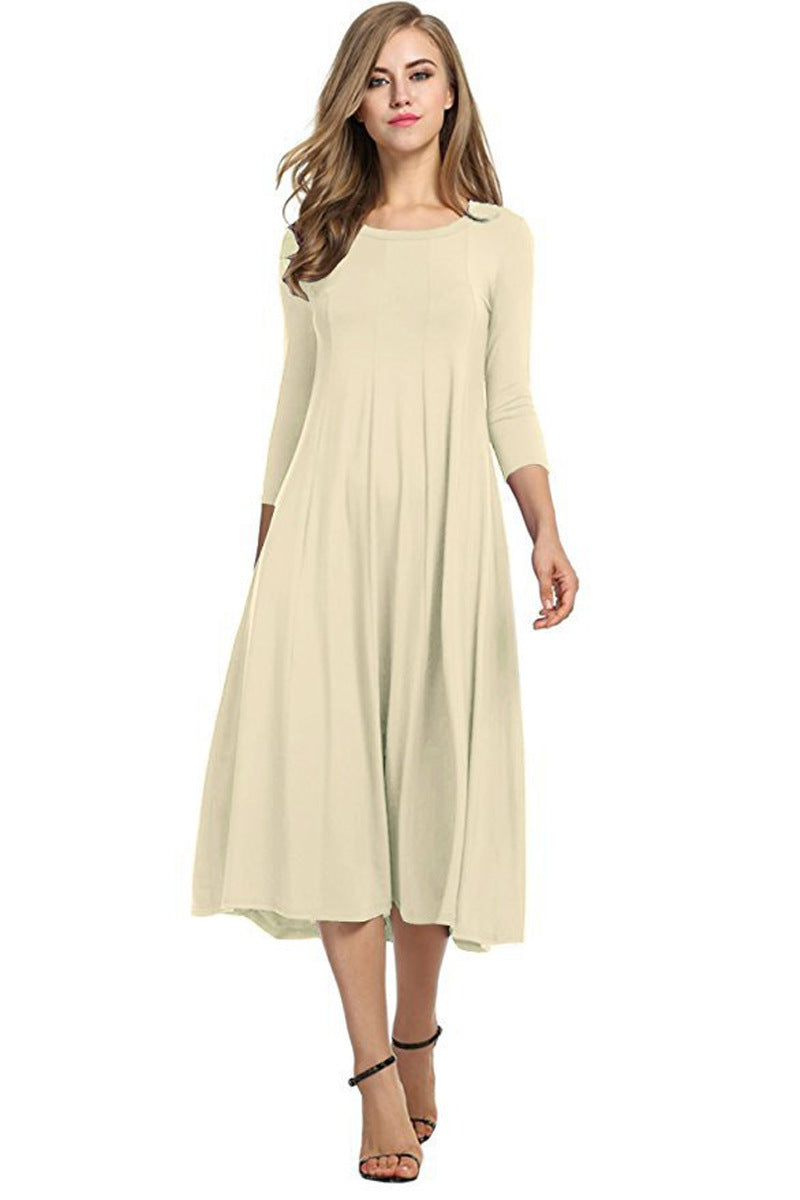 Square Neck 3/4-length Solid Color Midi Dress-Beige-Theone Apparel