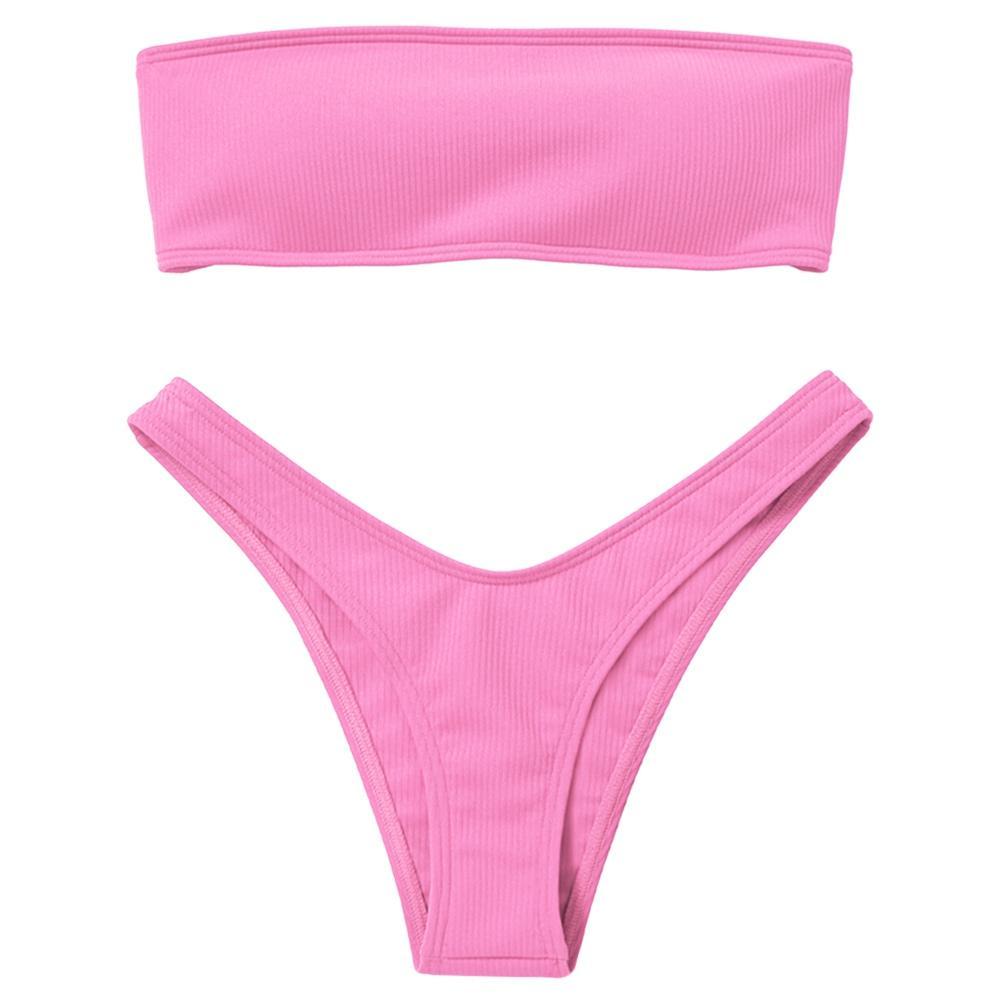 Strapless Solid Color Low Waist Bikini-Pink-Theone Apparel