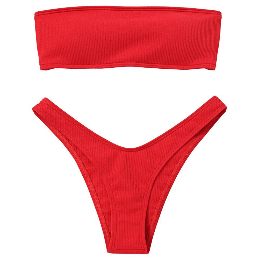 Strapless Solid Color Low Waist Bikini-Red-Theone Apparel
