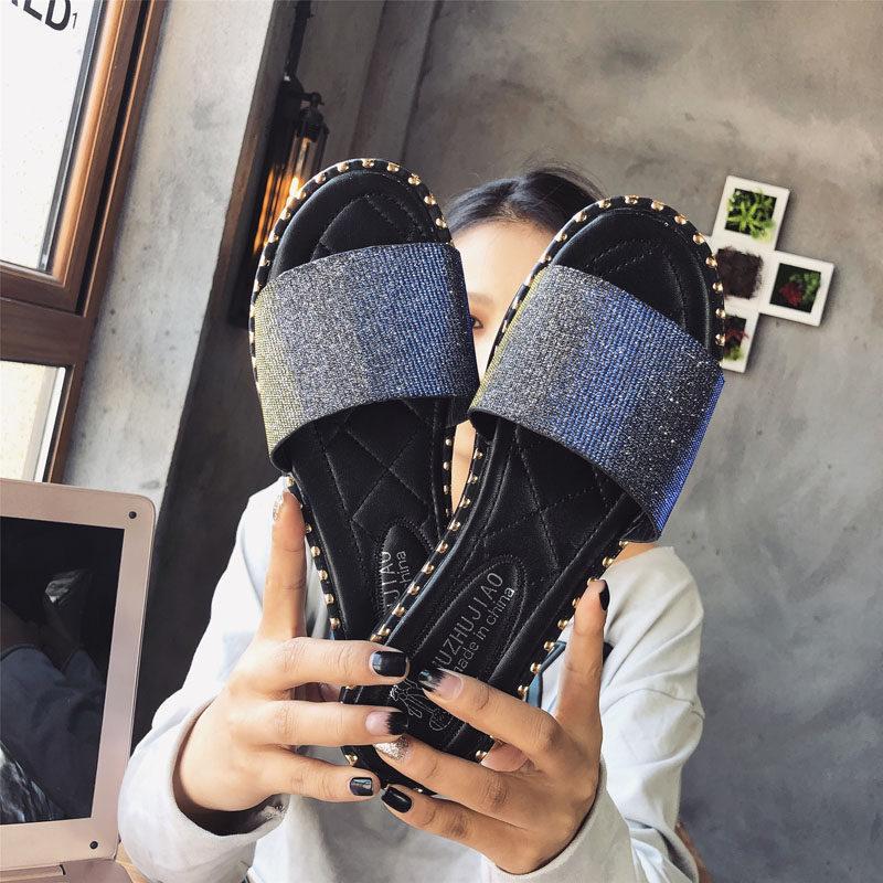Stud Trim Glitter Slide Slippers-Black-Theone Apparel