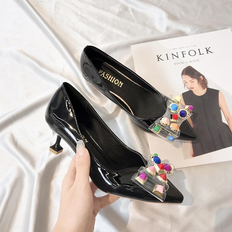 Studded Clear Bow Kitten Heels-Black-Theone Apparel