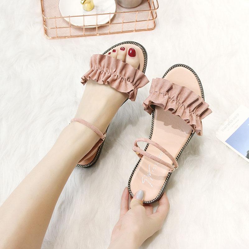 Suede Ruffle Strap Slider Sandals