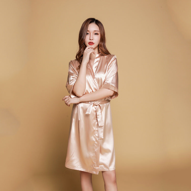 Sweet and Simple Satin Tie Robe-Champagne-Theone Apparel