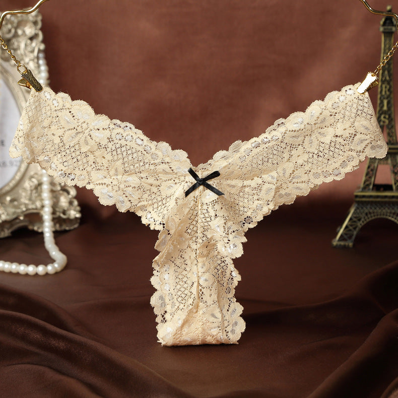 Thick Lace Band Thong with Bow Detailing-Apricot-Theone Apparel