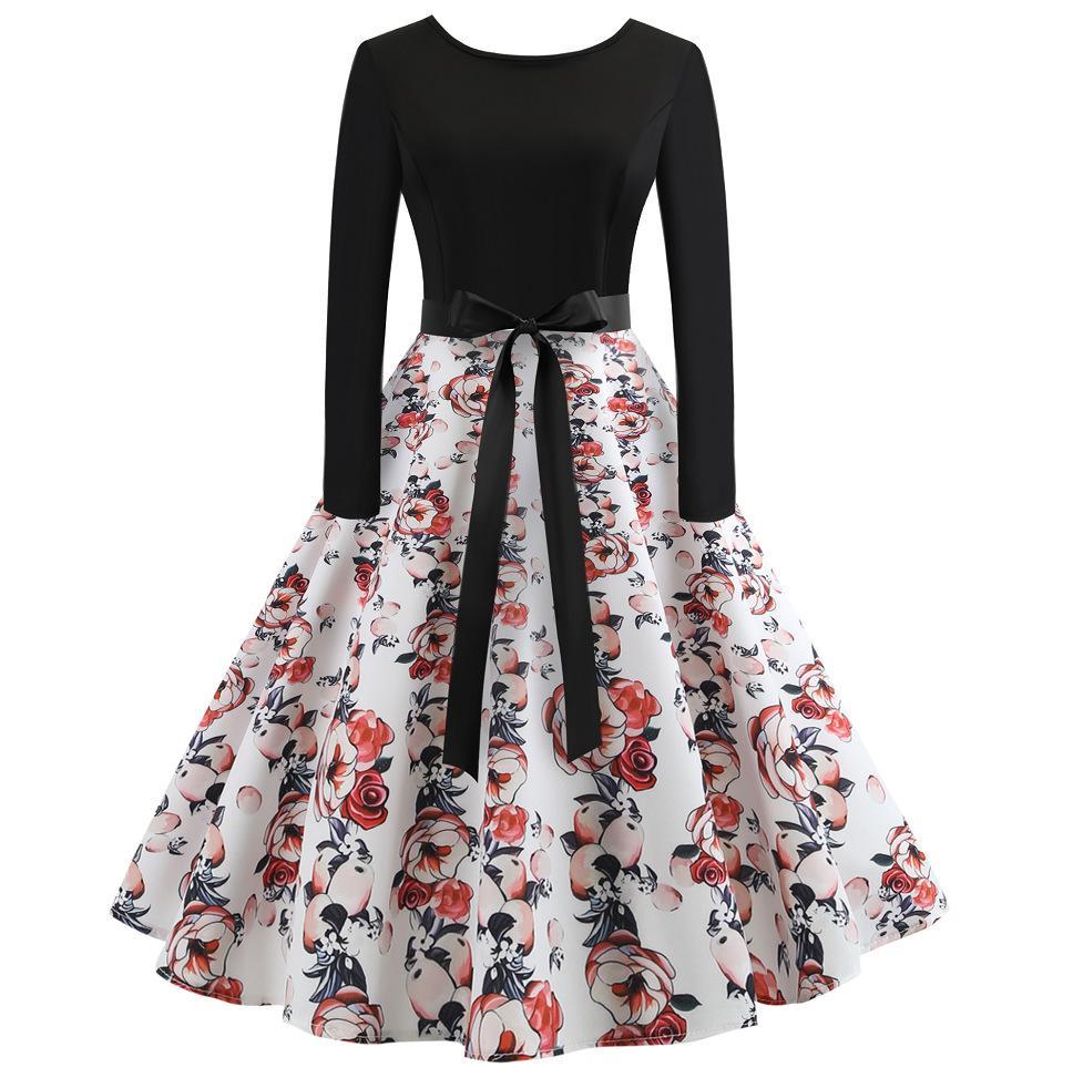 Waist Tie Holiday Print A Line Dress-White/Pink-Theone Apparel